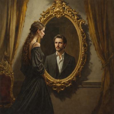 The primary subject of the image is a man and a woman, both dressed in formal attire, standing in front of a mirror. The woman is wearing a black dress, and the man is wearing a suit. The setting appears to be a room with a chair visible in the background. The visual style of the image is a painting, which gives it a more artistic and detailed appearance. The colors and mood of the painting are elegant and sophisticated, with the man and woman dressed in their finest clothing,